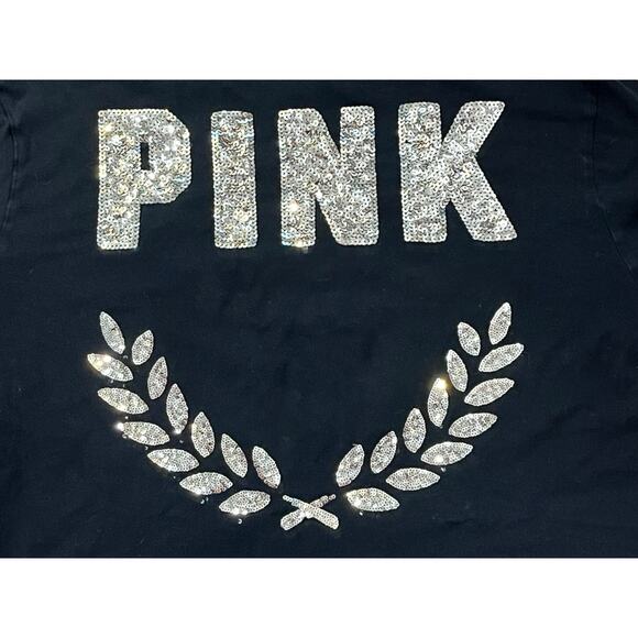 Victorias Secret PINK Dog Logo Gold Sequin Black T Shirt Size Large Glam McBling - Picture 2 of 6